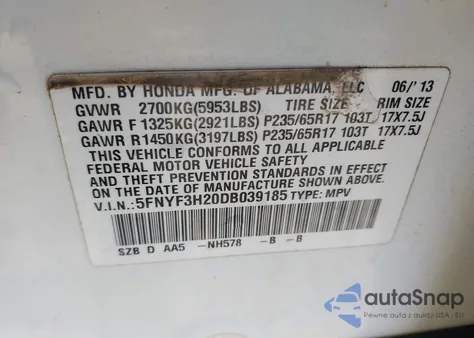 2013 Honda Pilot Lx z USA, uszkodzony, nr VIN 5FNYF3H20DB039185